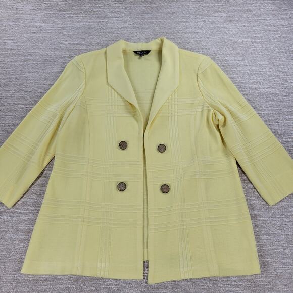 Misook Knit Sweater Jacket PM Petite Yellow Plaid Double Breasted 3/4 Sleeve - Picture 9 of 16